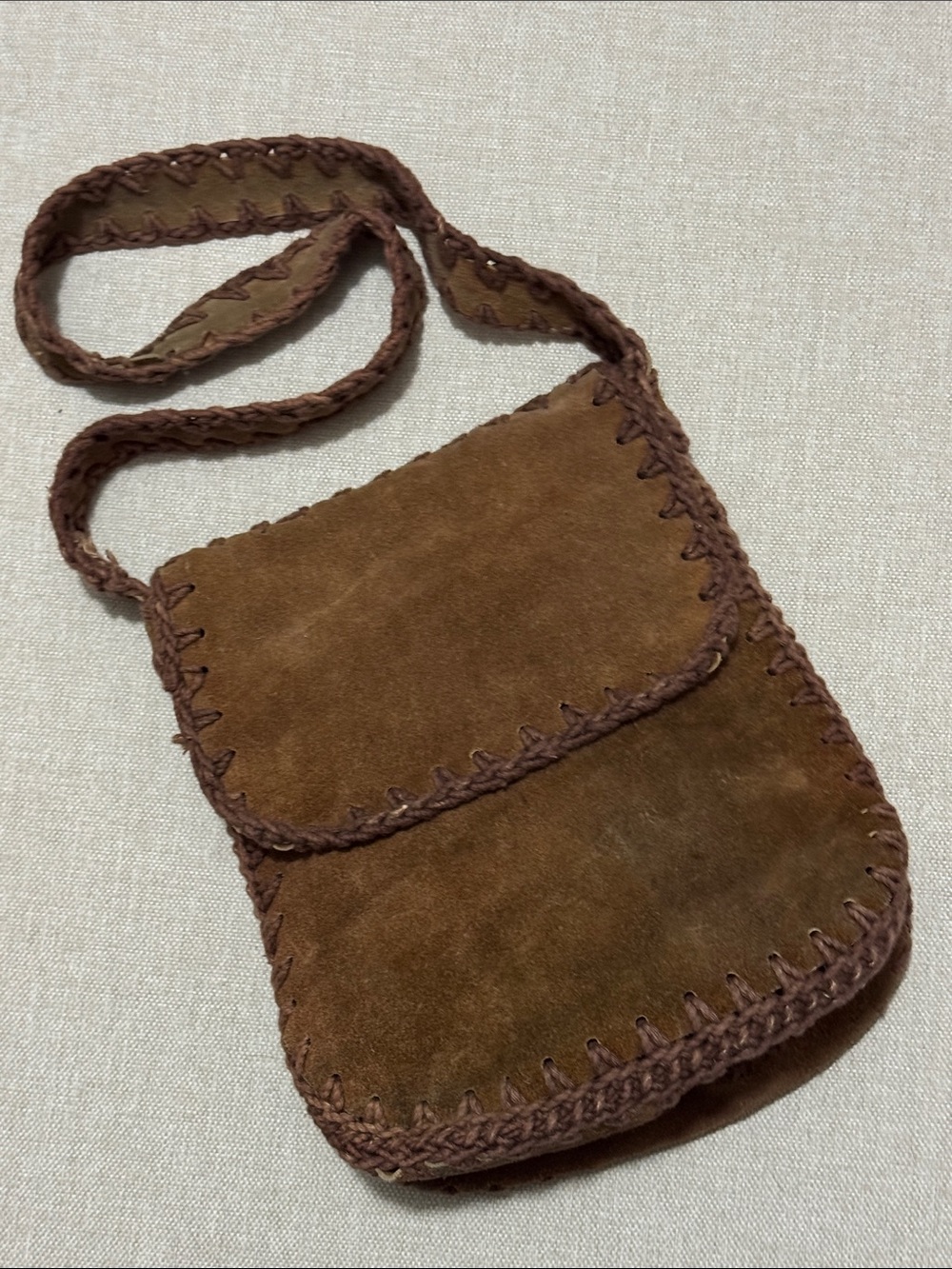 Gorgeous Vintage Suede Bag-Shoulder Carry-Brown-Whip Stitch Detail-Flap Closure